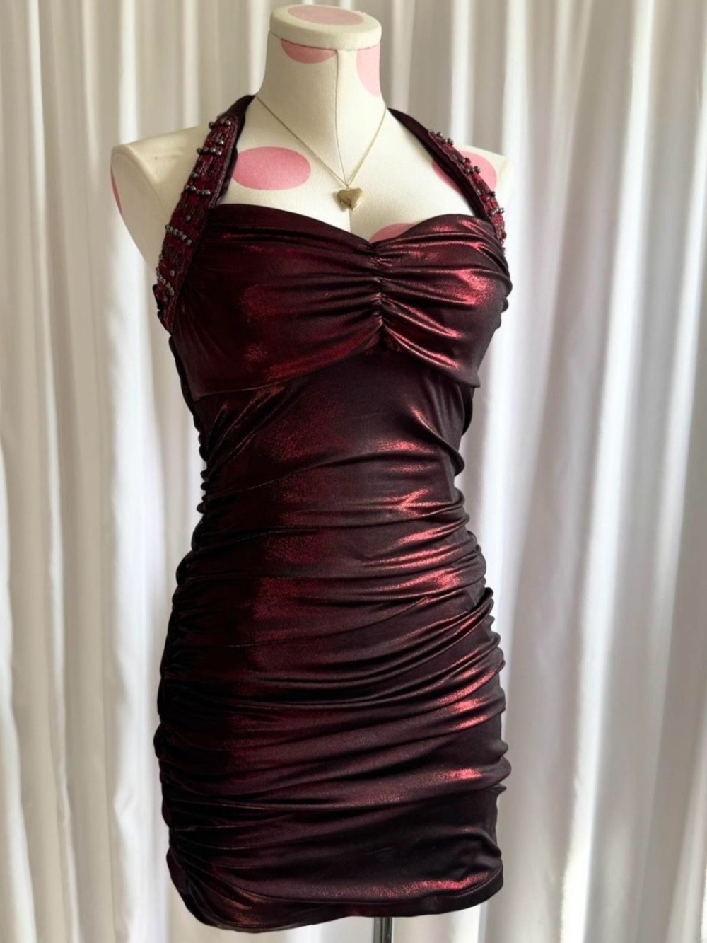 Women’s Ruched Halter Cocktail Dress — Metallic Burgundy